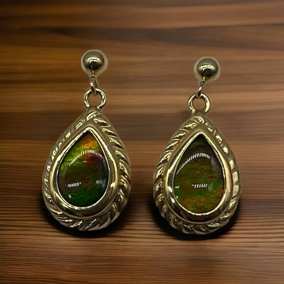 Ammolite Triplet Pear Shape Drop Earrings 14K Gold QVC‎ Dangles - Picture 4 of 7